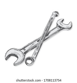 wrench in white background. hand drawn spanner and wrench