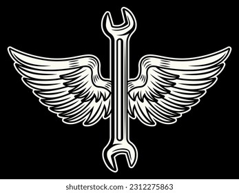Wrench with wings vector illustration in black and white style on dark background