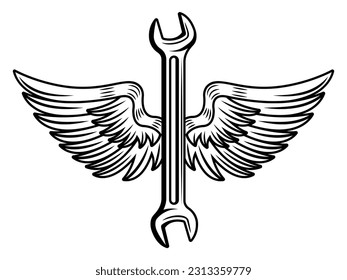 Wrench with wings vector illustration in monochrome vintage style isolated on white background