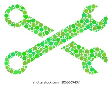 Wrenches collage of filled circles in variable sizes and ecological green color tints. Vector filled circles are united into wrenches collage. Eco vector illustration.