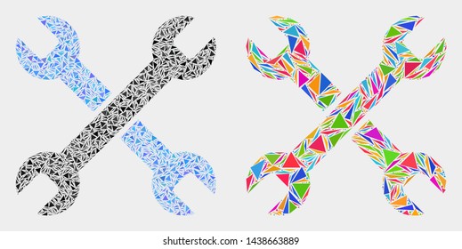 Wrenches collage icon of triangle items which have different sizes and shapes and colors. Geometric abstract vector illustration of wrenches.