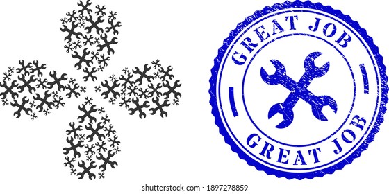 Wrenches curl flower with four petals, and blue round GREAT JOB rough stamp with icon inside. Object flower designed from oriented wrenches symbols. Vector flower collage in flat style.