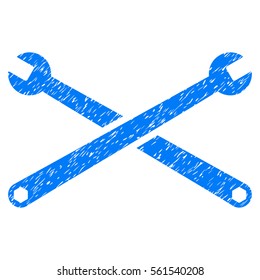 Wrenches grainy textured icon for overlay watermark stamps. Flat symbol with unclean texture. Dotted vector blue ink rubber seal stamp with grunge design on a white background.