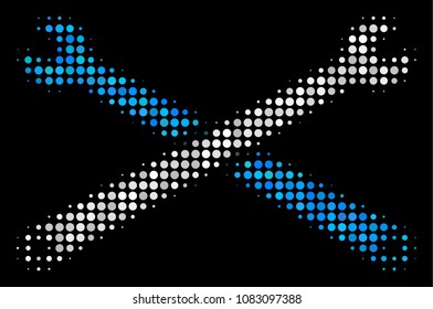 Wrenches halftone vector icon. Illustration style is pixelated iconic wrenches symbol on a black background. Halftone texture is made from circle blots.