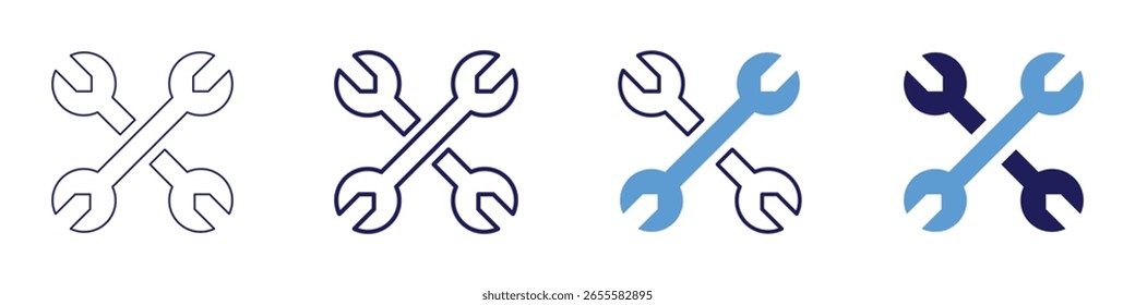 Ícone de chaves em 4 estilos diferentes. Linha Fina, Linha, Linha Negrito, Duotônico. Estilo duotônico. Traçado editável.