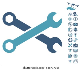 Wrenches icon with bonus aircopter tools clip art. Vector illustration style is flat iconic cyan and blue symbols on white background.