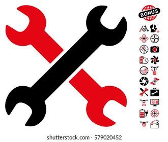 Wrenches icon with bonus drone tools clip art. Vector illustration style is flat iconic intensive red and black symbols on white background.