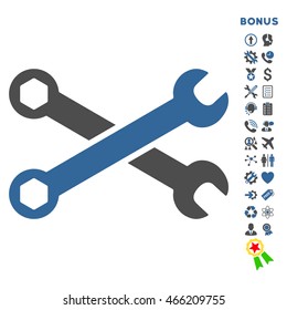 Wrenches icon with bonus pictograms. Vector style is bicolor flat iconic symbol with rounded angles, cobalt and gray colors, white background.