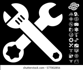 Wrenches icon with bonus quadrocopter service pictograph collection. Vector illustration style is flat iconic white symbols on black background.