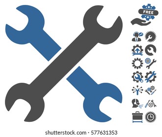 Wrenches icon with bonus setup tools clip art. Vector illustration style is flat iconic cobalt and gray symbols on white background.