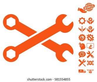 Wrenches icon with bonus setup tools clip art. Vector illustration style is flat iconic orange symbols on white background.