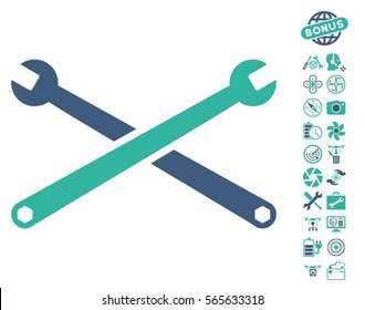 Wrenches icon with bonus uav service clip art. Vector illustration style is flat iconic cobalt and cyan symbols on white background.