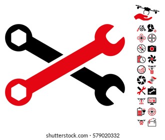 Wrenches icon with bonus uav tools pictures. Vector illustration style is flat iconic intensive red and black symbols on white background.