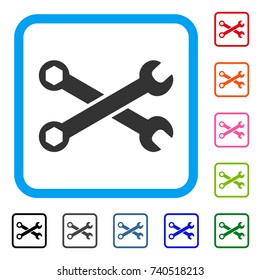 Wrenches icon. Flat gray iconic symbol inside a light blue rounded rectangular frame. Black, gray, green, blue, red, orange color versions of Wrenches vector. Designed for web and application UI.