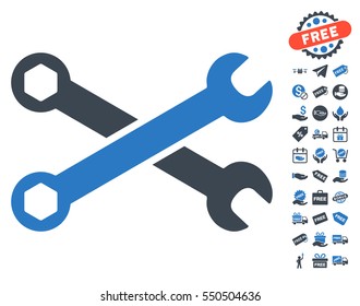 Wrenches icon with free bonus clip art. Vector illustration style is flat iconic symbols, smooth blue colors, white background.