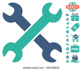 Wrenches icon with free bonus design elements. Vector illustration style is flat iconic symbols, cobalt and cyan colors, white background.