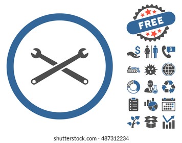 Wrenches icon with free bonus elements. Vector illustration style is flat iconic bicolor symbols, cobalt and gray colors, white background.