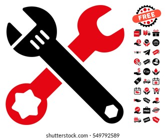 Wrenches icon with free bonus graphic icons. Vector illustration style is flat iconic symbols, intensive red and black colors, white background.