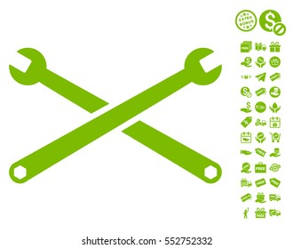 Wrenches icon with free bonus icon set. Vector illustration style is flat iconic symbols, eco green color, white background.