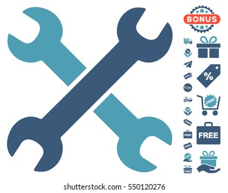Wrenches icon with free bonus symbols. Vector illustration style is flat iconic symbols, cyan and blue colors, white background.