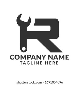Versieht die Vorlage des Buchstaben R mit dem Logo. Werkstattservice für industrielle Reparatur zur Identifikation von Unternehmen. Kann für Immobilien-, Bau-, Finanz-, Kommunikations-, Technologie- und Dienstleistungsunternehmen verwendet werden.