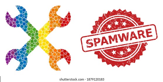 Wrenches mosaic icon of spheric dots in variable sizes and LGBT color tinges, and Spamware corroded rosette stamp seal. A dotted LGBT-colored Wrenches for lesbians, gays, transgenders,