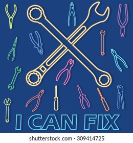 Wrenches and other tools in the form of neon-colored on background pensive.