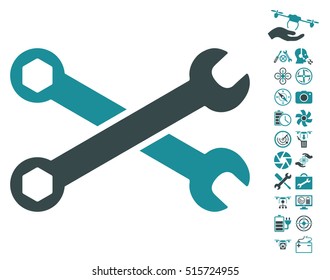 Wrenches pictograph with bonus flying drone tools icon set. Vector illustration style is flat iconic symbols on white background.