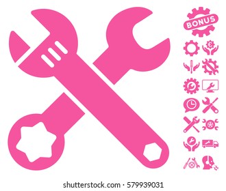 Wrenches pictograph with bonus service icon set. Vector illustration style is flat iconic pink symbols on white background.