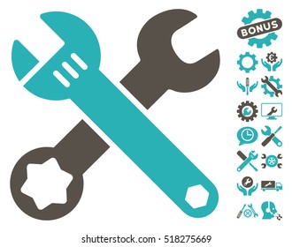 Wrenches pictograph with bonus service pictures. Vector illustration style is flat iconic grey and cyan symbols on white background.