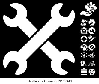 Wrenches pictograph with bonus settings graphic icons. Vector illustration style is flat iconic white symbols on black background.