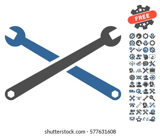 Wrenches pictograph with bonus tools clip art. Vector illustration style is flat iconic cobalt and gray symbols on white background.