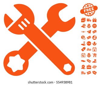 Wrenches pictograph with free bonus pictograms. Vector illustration style is flat iconic symbols, orange color, white background.