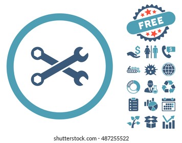 Wrenches pictograph with free bonus symbols. Vector illustration style is flat iconic bicolor symbols, cyan and blue colors, white background.