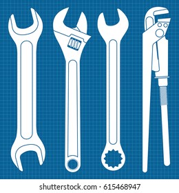 Wrenches. Set of white industrial tools icons on blueprint background. Vector illustration