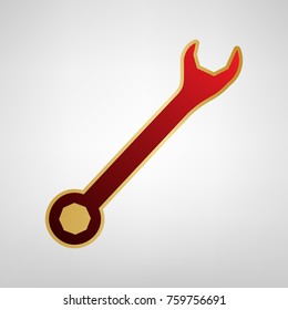 wrenches sign. Vector. Red icon on gold sticker at light gray background.