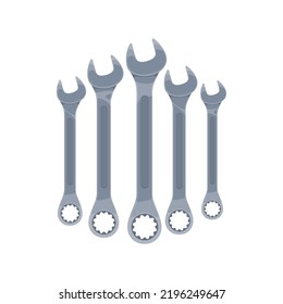 Wrenches or spanners, tools set for construction or carpentry, vector. Hardware equipment, metric combination spanners or wrenches with open and box ring ends