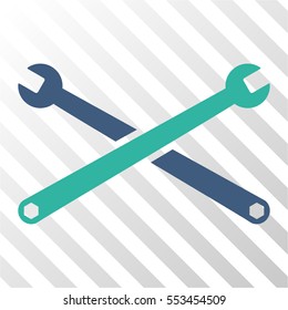 Wrenches vector icon. Illustration style is flat iconic bicolor cobalt and cyan symbol on a hatched transparent background.