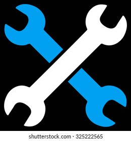 Wrenches vector icon. Style is bicolor flat symbol, blue and white colors, rounded angles, black background.