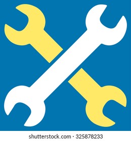 Wrenches vector icon. Style is bicolor flat symbol, yellow and white colors, rounded angles, blue background.