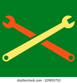Wrenches vector icon. Style is bicolor flat symbol, orange and yellow colors, rounded angles, green background.
