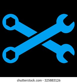 Wrenches vector icon. Style is flat symbol, blue color, rounded angles, black background.