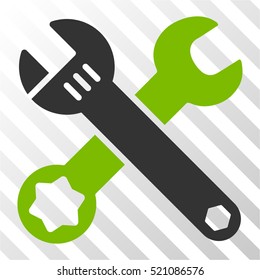 Wrenches vector pictograph. Illustration style is flat iconic bicolor eco green and gray symbol on a hatched transparent background.