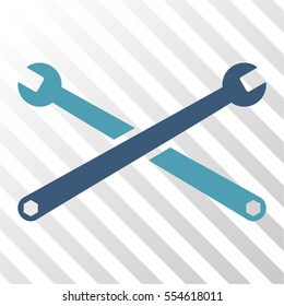 Wrenches vector pictograph. Illustration style is flat iconic bicolor cyan and blue symbol on a hatched transparent background.