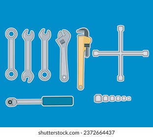 Wrenches, wheel wrench, torque wrench, stickers, hex screw tool icons