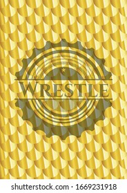 Wrestle golden badge. Scales pattern. Vector Illustration. Detailed.