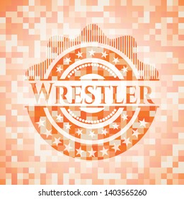 Wrestler abstract emblem, orange mosaic background