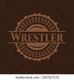 Wrestler badge with wood background