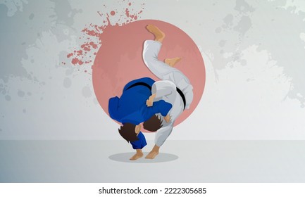 A wrestler in a blue kimono makes a throw. Judo eastern wrestling.