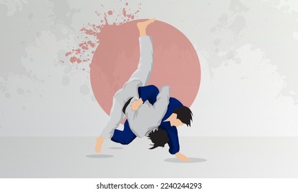 Ein Ringer in einem blauen Anzug wirft in einem weißen Anzug durch den Oberschenkel eines Ringers. Judo östliches Ringeln.